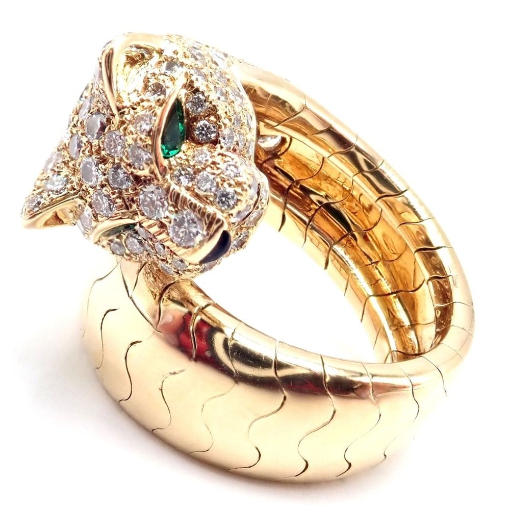 Authentic! Cartier Panther 18k Yellow Gold Diamond Emerald Onyx Band Ring - Picture 2 of 11